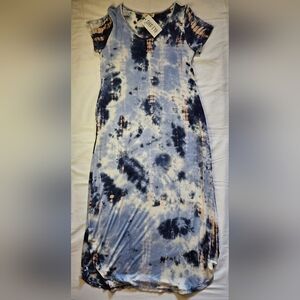 NWT ee:some Womens Blue And Pink Tie Dyed Short Sleeve Maxi Dress Size Small